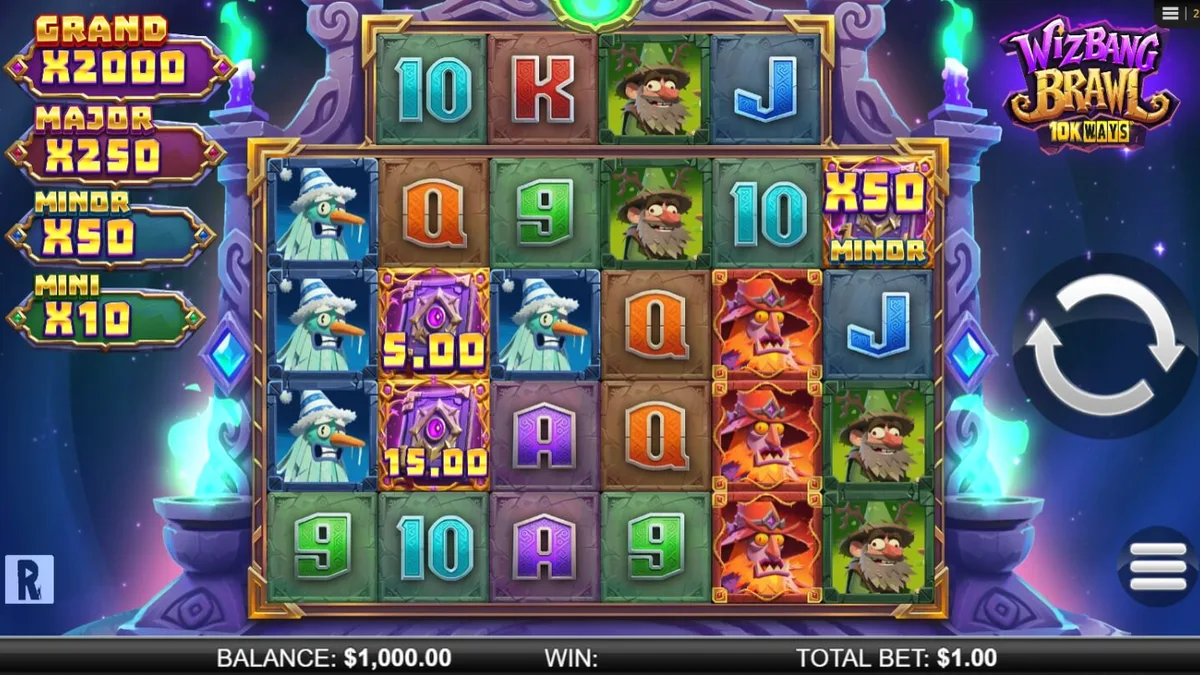 Tampilan visual slot Wizbang Brawl 10K Ways dengan tema penyihir dan elemen arcade.